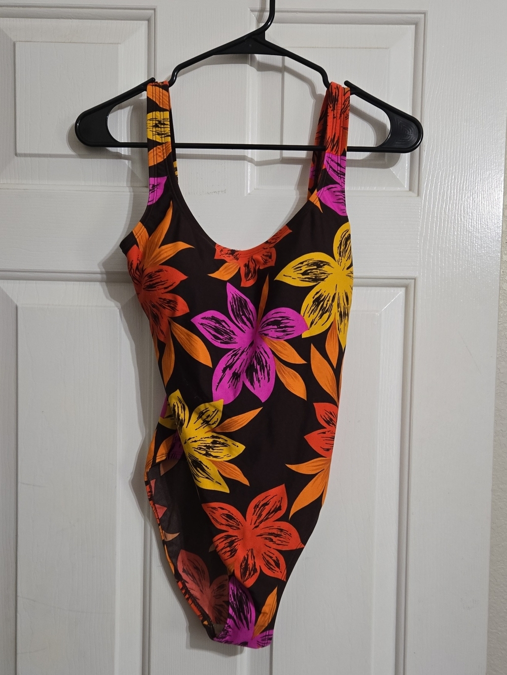 Speedo Brown One-Piece Swimsuit with Bright Pink, Orange and Yellow Floral Print
